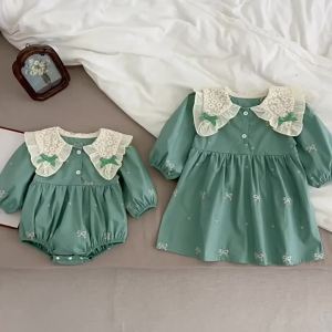 2026 New Spring Sister Green Cotton Dress 2-6Y Baby Girl Party Dress Long Sleeved Embroidery Splicing Dress Kids Princess Dress