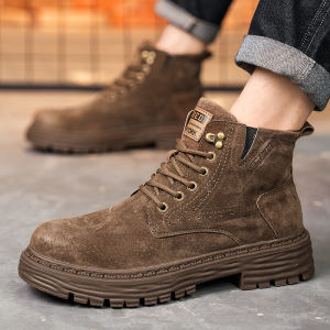 Mens Martin Boots Autumn Mid-Calf Thick Bottom Workwear Genuine Soft Bottom Kick-Proof Large Yellow Boots Winter Fleece Lined Cotton Shoes