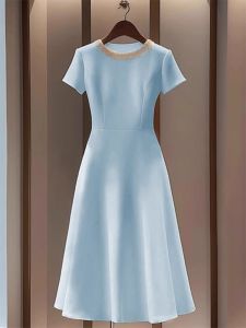 French Style High Class Elegant Blue Dress