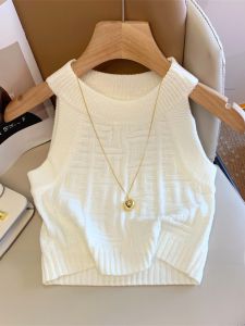 Chic Shoulder Bared Ice Silk Knitted Vest Womens Summer Short Sleeveless Top Elegant Neck Hanging Design Fashionable Base Shirt