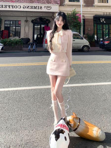 Autumn and Winter Korean Style Ladies Elegant Fancy Chanel Coat Womens Bandage Dress Shirt Slim Looking Package Hip Skirt Suit