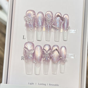 เล็บปลอมทรงตัวทีแบบฝรั่งเศส 10 ชิ้น ประดับกลิตเตอร์ พร้อมเพชรพลอย สีม่วงตาแมว ลายผีเสื้อ 3 มิติ สำหรับตกแต่งเล็บด้วยตัวเอง เหมาะสำหรับงานปาร์ตี้และงานแต่งงาน
