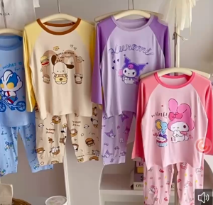 Set Pakaian Tidur Kanak-Kanak Lengan Panjang Kartun Musim Bunga/Luruh (Bahan Modal)