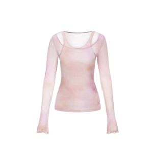 YUEZHONGWEI | Áo thun tay dài mùa hè phong cách Pháp màu hồng thấm màu mờ pha trộn cotton pha trộn thường ngày cho nữ