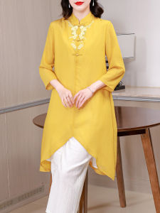 เสื้อเชิ้ตผู้หญิงแขนยาวปานกลางสไตล์จีนใหม่ ทรงพิมพ์ลายผ้าไหม ทรงเข้ารูป ทรงปกติ เสื้อเชิ้ตผู้หญิง