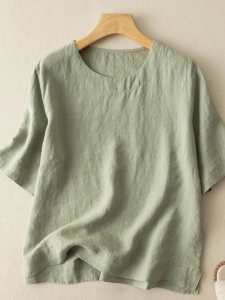 Loose Fit Casual Linen Short Sleeve T-Shirt Artistic Elegant Mom Youthful Half Sleeve Small Shirt Summer round Neck Pure Color