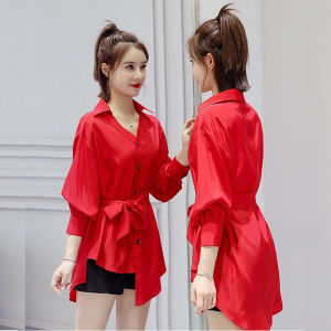 Womens Design Sensation Midi Shirt Red Chiffon Belted Front Short Back Long Asymmetrical Button up Korean Style Long Sleeve
