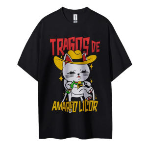 Bandai | Dandadan Anime T-Shirt Ayase Momo Cat Ear Cowboy Hat TRAGOS DE AMARGO LICOR Spanish Text Men Women Cotton Y2k Loose Fit Comfort
