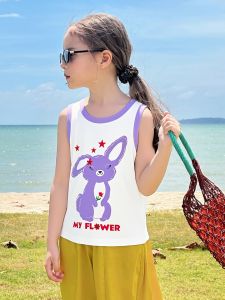 New Summer Cartoon Rabbit Pure Cotton Sport Vest for Girls Kids Casual round Neck Short Sleeve Breathable Comfortable Vest