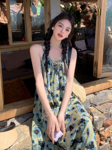 Summer New Green Floral Print Halter Dress Womens Korean Style Loose Waist A-Line Skirt Backless Beach Vacation Fashion
