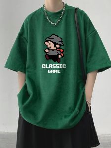 100% Pure Cotton Summer Heavyweight Mens Super Mario Print Short Sleeve T-Shirt Loose Versatile Half Sleeve Retro Trendy Brand