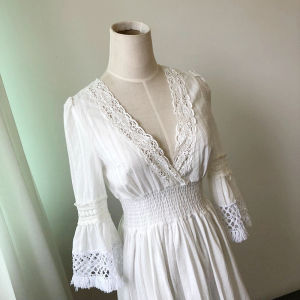 Summer White Lace Trim V-neck Puffy Sleeve High Waist Short Dress Womens Beach Vacation Travel Street Style A-line Cotton Dress