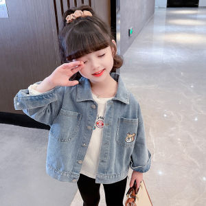 Girls Spring Autumn Denim Jacket Childrens Fashion Long Sleeve Open Cardigan Baby Stylish Casual Top Kids Cartoon Print Coat