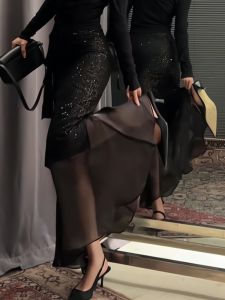 Elegant Sequin Splice Mesh High Waist Mini Skirt Womens Fashion Korean Style Commute Casual  Shape Pear Shape