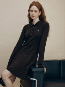 FAMANXUAN | Vintage Wool Polo Collar Knit Pleated Dress