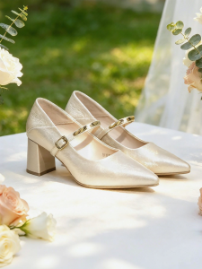 Josiny | New Summer Mary Jane Champagne Chunky Heel Pointed Toe High Heels