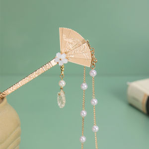 New Pearl Folding Fan Hairpin Tassel Hairpin Ancient Style Hair Accessories Hanfu Hair Decorations Fresh out Ethnic Fashion