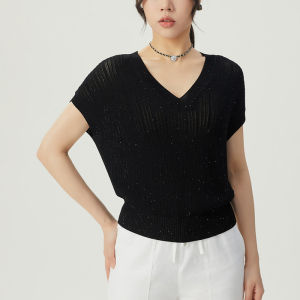 Koja New Summer High-End Loose Bead Ice Silk Short Sleeve Knitted Sweater Womens V-neck Straight Tube OL Style Thickened Pure Color