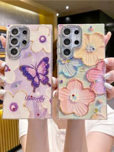 Ins Style Oil Painting Butterfly Drop Gel Phone Case Full Cover Sparkle Powder Lens Protection Soft Shell for Samsung S22-S24 Ultra