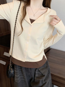 พลัสไซส์ ความยาวไหล่คอวีแขนยาวเสื้อยืดเสื้อฐาน ผู้หญิง ฤดูใบไม้ร่วง พรางหุ่น ผ้าคลุมท้อง หลากหลาย เสื้อท่อนบน