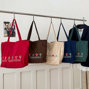 Corduroy Embroidered Mushroom Large Capacity Canvas Tote Bag Casual Commuter Shoulder Bag Fall Winter New Style Versatile Tote