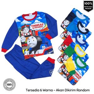 HMShopa - Stelan Piyama Kereta Thomas Baju setelan anak harian dan baju tidur 2-10 tahun keren katun lengan panjang bisa dicuci dengan mesin