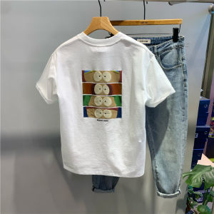 Summer Cartoon Print Short Sleeve round Neck Loose Fit Casual Mens T-Shirt Breathable Cotton Youth Fashion Trendy Top