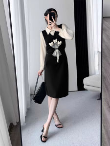 Slimming plus Size Womens Fashion Set High Waist Black Skirt Patchwork Top A-Line Midi Dress Spring Commute Style Polyester Blend