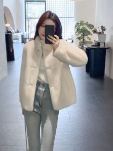 Sweet Korean Style Womens Fur Coat 2024 Autumn New Arrival Eco-friendly White PatternHigh-EndFeelingMinkFauxFurJacket