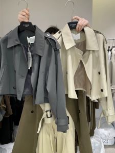 เสื้อแจ็คเก็ตสั้นสไตล์อังกฤษสำหรับผู้หญิง ฤดูใบไม้ผลิและฤดูใบไม้ร่วง เสื้อคลุมกันหนาวแบบลำลอง ทรงเข้ารูป แขนยาว ปกเหลี่ยม กระดุมสองแถว