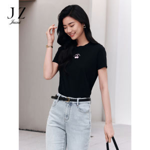 Summer Cherry Silk Cotton Short Sleeve T-Shirt Womens Fashion JZ JUZUI Commute Style Classic Pattern Thin Cotton round Neck