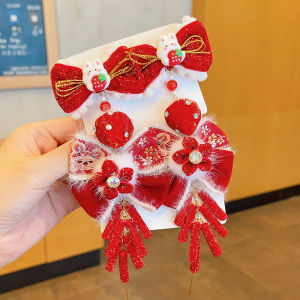 Princess Style New Year Hair Clip for Girls Tassel Hair Accessories Red Butterfly Knot Hanfu Festive Childrens Hair Decorations