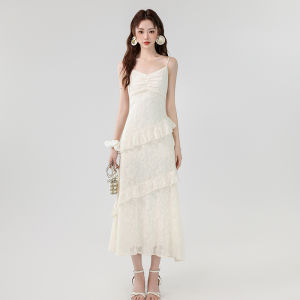 Elegant French Style Long Lace Midi Dress with Bell Sleeves Slim Fit V-Neckline No Sleeve Spring Summer Trendy Gown
