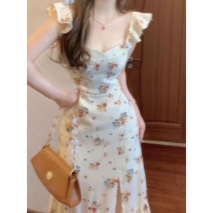 CHANGTONG | French Style Floral Print Mini Dress Womens Summer Design Sensation Tea Break Ageless Long Skirt Beach Vacation Wind Fly Sleeve