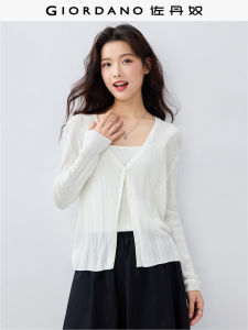 Giordano Womens Knitted Open Cardigan V-Neck Hollow out Fashion Summer New Style Loose Fit Long Sleeve Solid Color Top