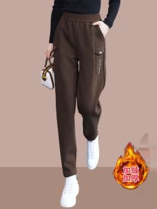 Womens Fleece Lined Harlan Pants High Waist Thickened Casual Autumn Winter Sweatpants Korean Style Long Pants Cotton Polyester