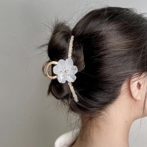 Korean Large Flower Shark Clip Rhinestone Simple Hair Catch Clips Metal Hair Clip Back Head Headdress Beauty Hair Claw Clip Hair Pins for Women Accessories
