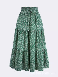 Bohemian A-Line Skirt Womens Print Elastic Waist Vacation Cake Half Skirt Sweet Style H-Shape Loose Fit Polyester Fabric