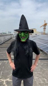 Halloween Horror Old Witch Mask with Hat Cosplay Scary Clown Hag Latex Masks Green Face Big Nose Old Women Costume Party Props