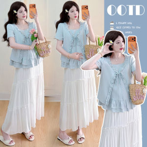 Maternity Summer Set Short Sleeve Top with Ruffle Trim Pleated Skirt