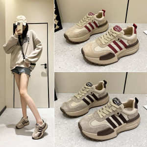 Retro Genuine Leather Deqin Shoes Womens Spring 2025 New Dad Style Thick Bottom Breathable Mesh Lace-Up Fashion Casual Shoes