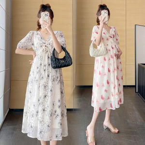 Maternity Dress For Women Fashion Korean V-neck Drawstring Flower Printing Mid-length Dress Pregnant Women Dress