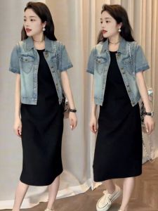 Summer 2025 Womens Slimming Denim Short Sleeve Shirt Set Casual Loose Fit Polo Collar Single Button Closure Pure Color