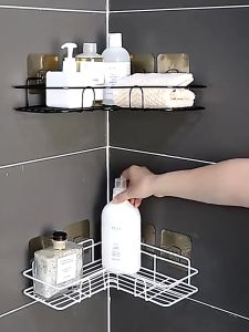 Bathroom Corner Storage Rack Punch Kitchen Shower Kitchen Wall Dinding Black Shelves Rak Penyimpanan Rak Penyimpanan