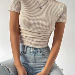 Slim Fit round Neck Knitted Short Sleeve T-Shirt Womens Top Comfortable Breathable Summer Fashion Casual Solid Color Tee
