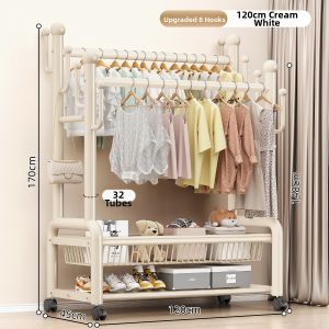 YIXUAN | Minimalist Dual-Rod Free-Standing Coat Rack with Wheels Multifunction Double Storage