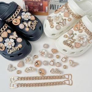 22Pcs Luxury Style Crocs Jibbitz Charms Gold Shoe Chain with Diamond Inlaid Butterfly Shoe Buckle Decoration for Crocs
