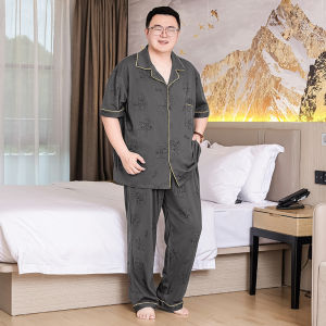 Extra Large Size Mens Sleepwear Cotton Short Sleeve Long Pants Thin Pure Cotton Cartoon Home Clothes Set Summer Lightweight