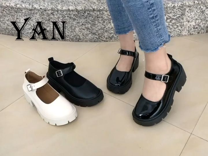 Sepatu Mary Jane Wanita Kulit 6cm Chunky Block Platform Shoes