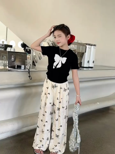 กางเกงเด็กผู้หญิง กางเกงเด็ก เสื้อผ้าเด็กผู้หญิง น้ำหนักเบาและระบายอากาศ การออกแบบโบว์ ความงาม ความงาม กางเกงขากว้าง 130-160cm